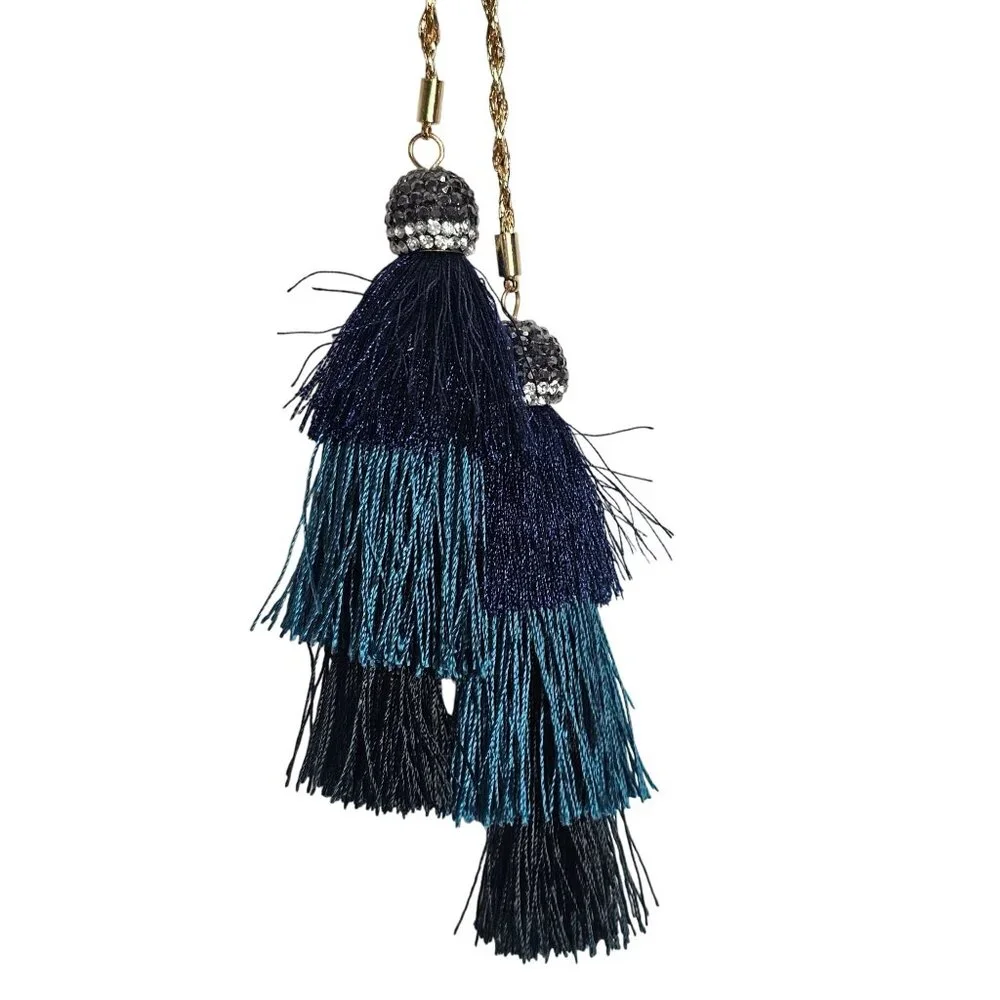 Neiman Marcus Gold-Tone‎ Rope Chain Necklace W/ Blue & Black Tassels 19